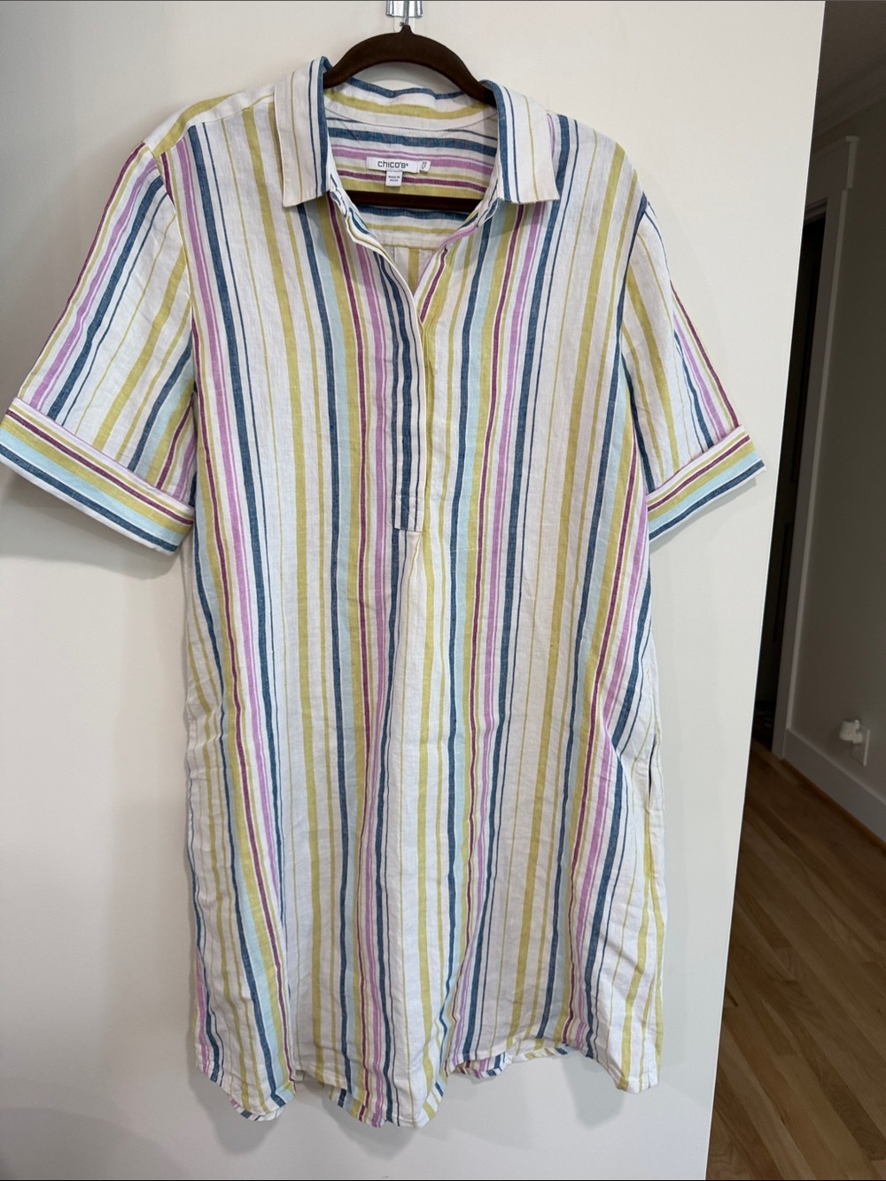 Chico's Women's White Button-Down Tunic with Blue, Yellow, Pink & Green Stripes